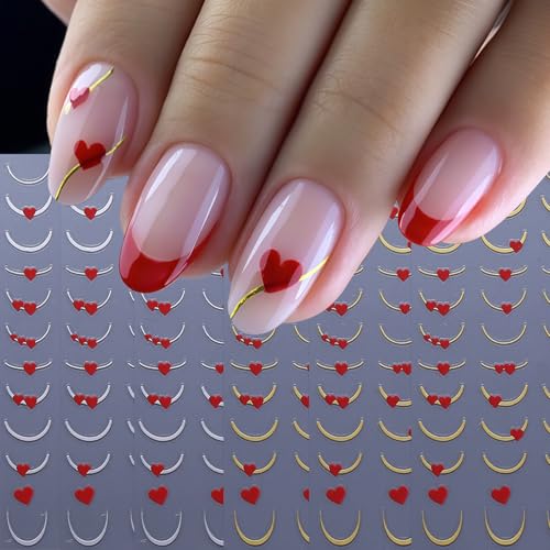 Valentine's Day Heart Nail Art Stickers - 6 Sheets 3D Self-Adhesive French Tip & Red Hearts