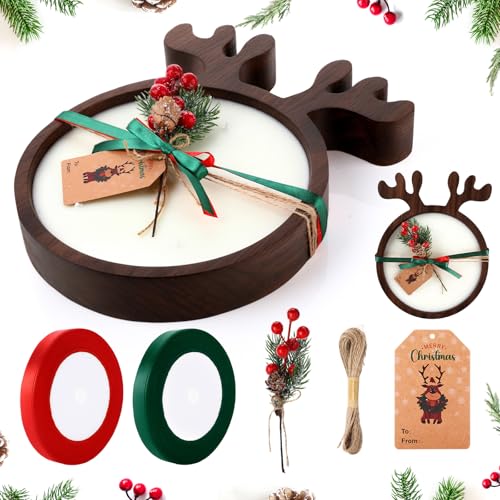 Reindeer Wooden Christmas Bowl Candle Set with Berries & Pine for Holiday Decor
