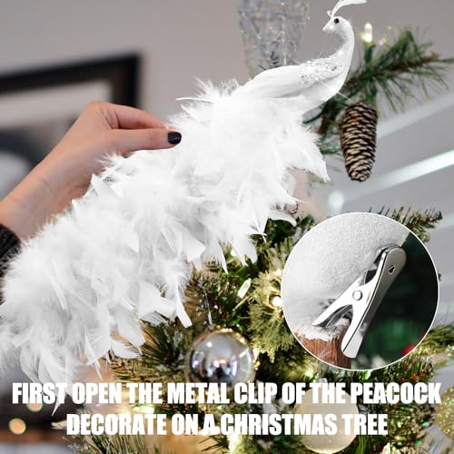 4 Pcs Peacock Christmas Tree Ornaments - Long Tail Feather Glitter Bird Decorations - Simple Style