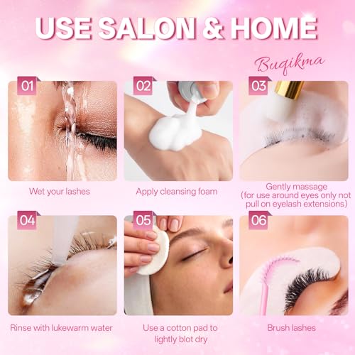 Buqikma Eyelash Extension Shampoo Kit with Cleansing Brush - 60ml Gentle Lash Cleanser for Sensitive Eyes