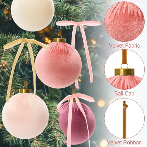 Pink Velvet Christmas Ornaments Set - 36 Pieces, 4 Inch Decorations with Bows