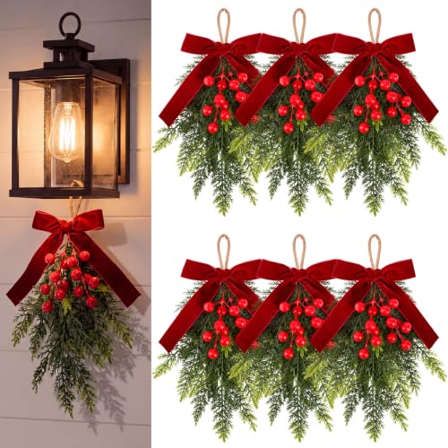 Christmas Mini Cedar Swags with Velvet Bow - Set of 6, 10.6 Inches