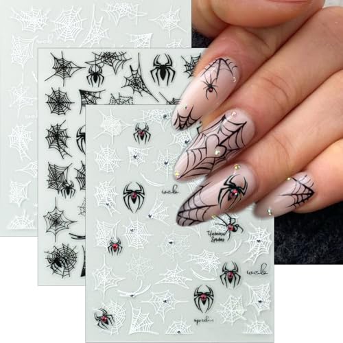 Halloween Nail Stickers 4 Sheets 3D Spider Web Decals with Red Rhinestones