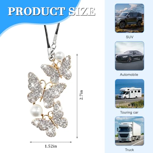 Bittwee Butterfly Crystal Car Rearview Mirror Ornament - White