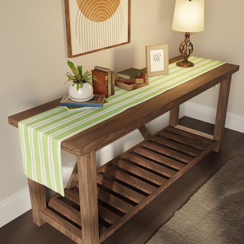 Encasa XO Woven Cotton Table Runner 13x59 in - Franca Lime Stripes