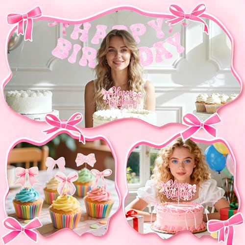 Pink Bow Birthday Decorations Set - 20Pcs Cake & Cupcake Toppers