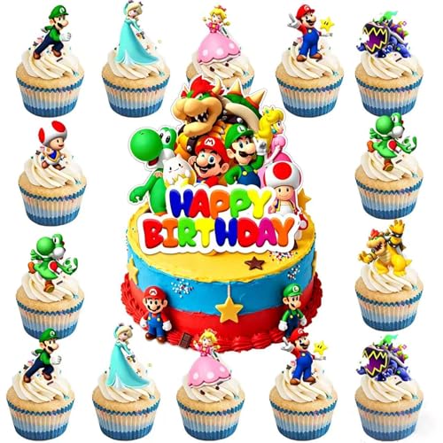 Mario Cake Decoration Set - 25Pcs with Cupcake Toppers & Birthday Topper