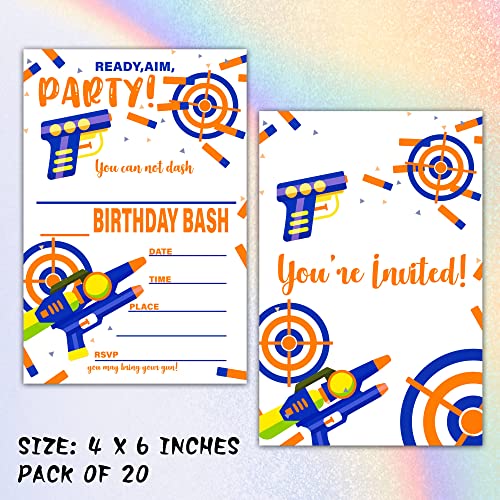Dart Gun Birthday Invitations with Envelopes, Blasters Battle Theme 20 Pack