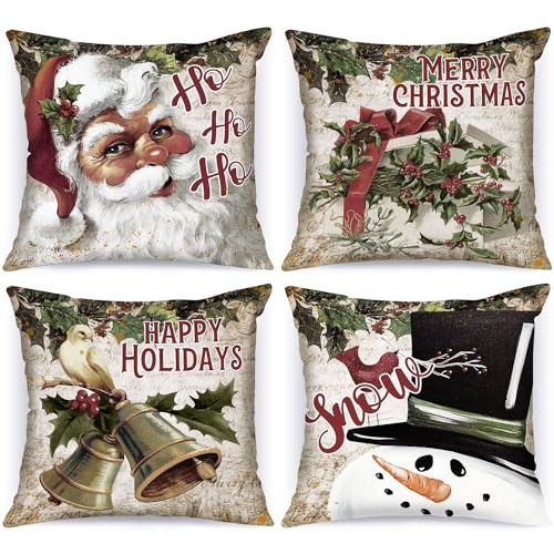 Lanpn Vintage 16x16 Christmas Pillow Covers Set of 4 - Retro Holiday Designs