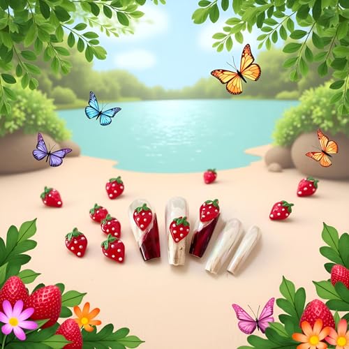 PurYupearl 50Pcs Red Strawberry Nail Charms Kawaii Rhinestone Gems