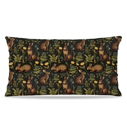 Rustic Dark Floral Rabbit Pillow Cover Botanical Bunny Cushion Cover