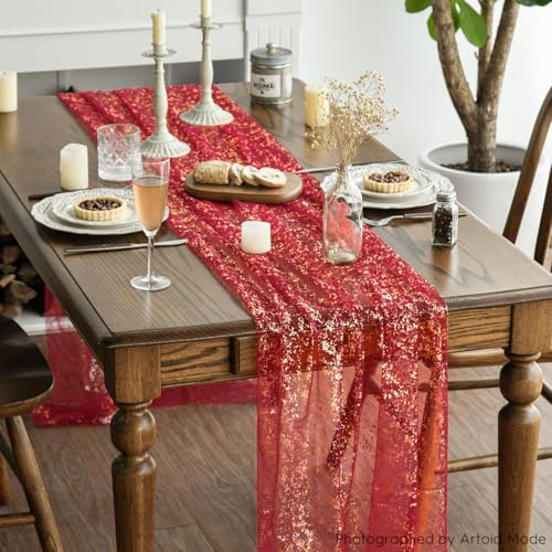28 x 120 Inch Red Gold Gauze Table Runner 3pcs Glitter Metallic Sheer Holiday Decor