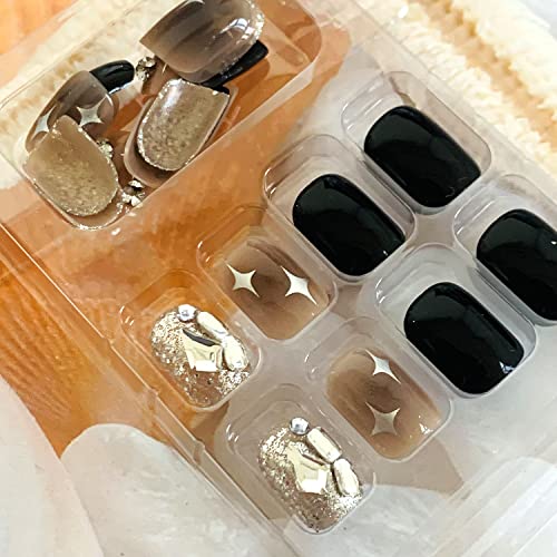 Onsdag Short Square Press on Nails with Rhinestones & Glitter Charm (24 Pcs)