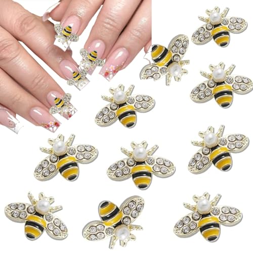 COOSLIM Gold Bee Nail Art Charms - 10Pcs 3D Alloy Rhinestone Crystal Jewels