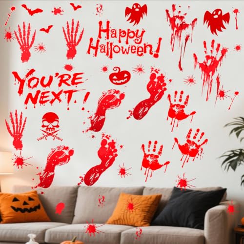 Halloween Window Clings - Bloody Handprint & Footprint Stickers, 9 Sheets