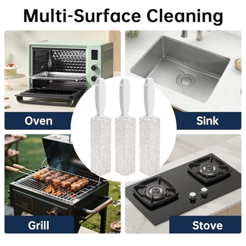 Pumice Stone Cleaning Stick for Oven, Grill, and Stove - 3 Pack with Handle