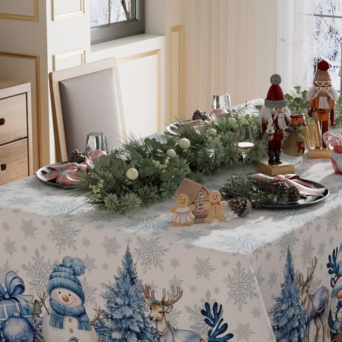 Christmas Tablecloth 84x60 Inch Snowman Deer Tree Winter Decor Washable Rectangular