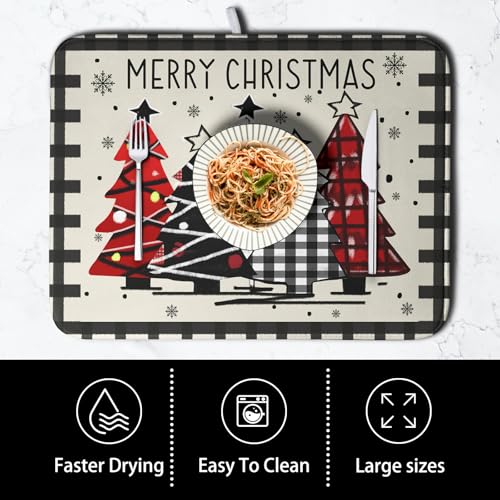 Christmas Trees Dish Drying Mat 18x24 Inch Reversible Microfiber Kitchen Counter Decor - Black White Buffalo Plaid