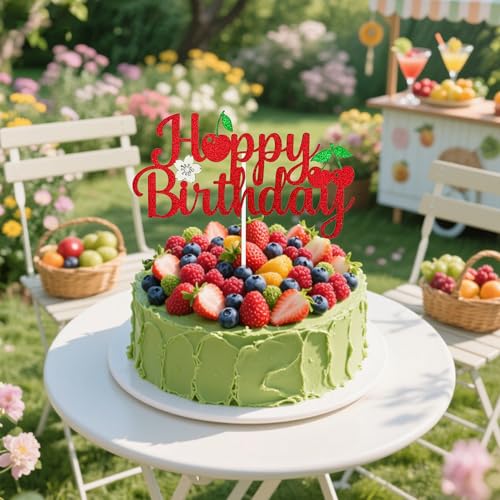 Cherry Happy Birthday Cake Topper | Fruit Theme Party Decoration