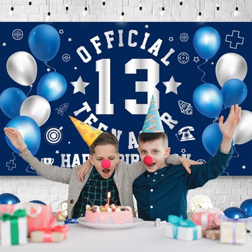 Happy 13th Birthday Banner - Navy Blue & Silver Teen Decor