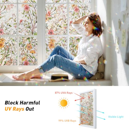 Kromapolis Floral Window Privacy Film, 17.5" x 78.7" 3D Rainbow Static Cling
