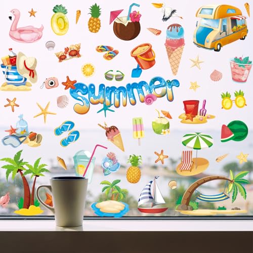 134 Pcs Summer Beach Window Clings - Colorful Static Film Decals