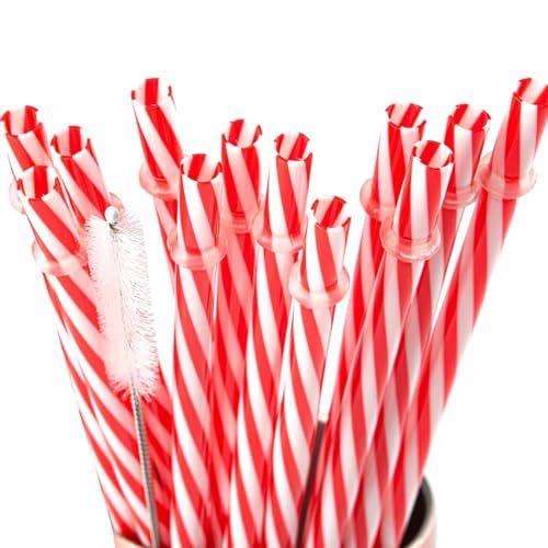 Red and White Striped Reusable Plastic Straws - 12 Pack with Cleaner Brush