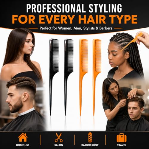 LUXXII 4 Pack Rat Tail Comb 9.25 Inch Fine Tooth Hair Styling Combs