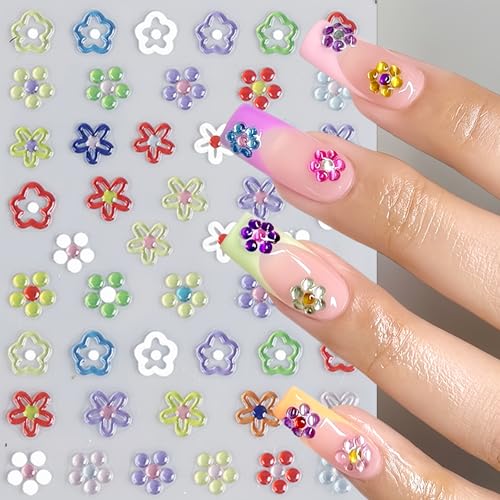 5D Embossed Flower Nail Art Stickers - Jelly Floral Daisy Decals (3 Sheets)