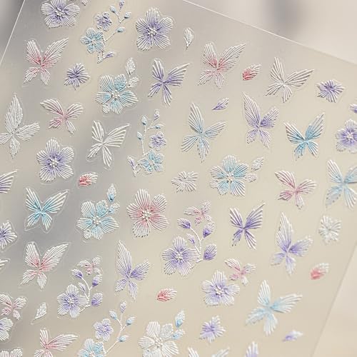 LIFOOST 5D Embossed Flower Nail Stickers Butterfly Floral Manicure Decals
