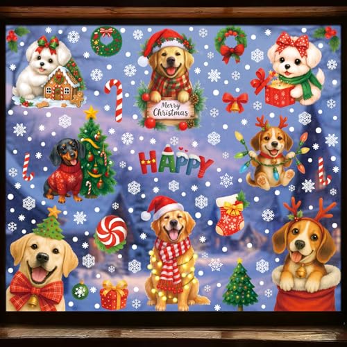 Christmas Window Clings Stickers - Dogs, Snowflakes, Xmas Tree Decorations - 9 Sheets Reusable Static Decals