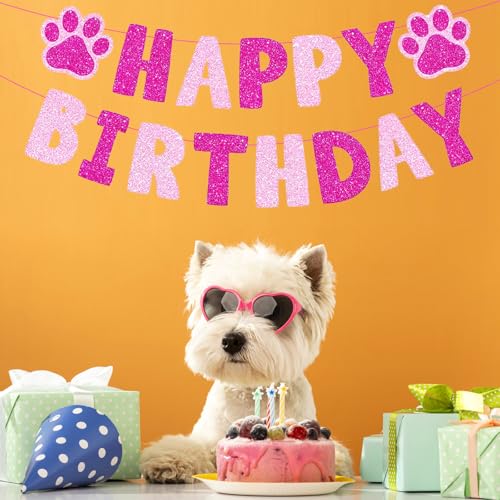 Pink Paw Dog Birthday Banner - Glitter Pet Party Decoration (Pink1)