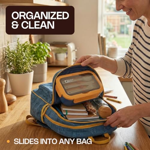 Everyn & Co. Leak-Proof Bento Lunch Box with Utensils - Navy Blue & Yellow
