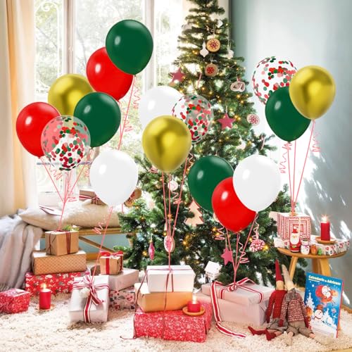 Red Green White Gold Balloons Set - 60 pcs Latex Christmas Party Decorations with Confetti