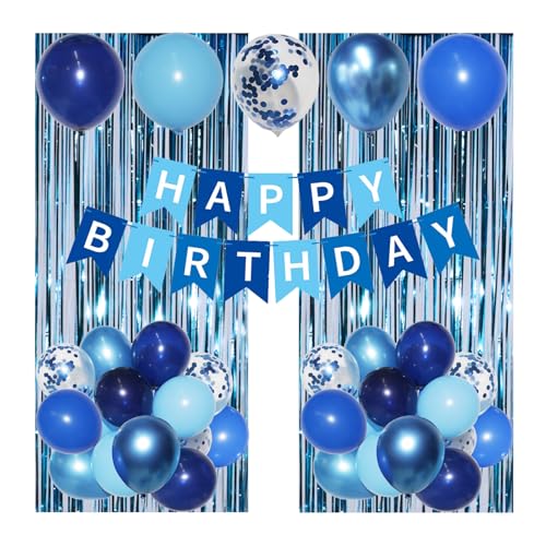 Blue Birthday Decorations Set - Happy Birthday Banner, Balloons, Streamers & Cake Topper - Timfcbs, For Men & Boys