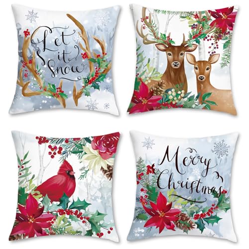 Bonhause Christmas Throw Pillow Covers 18x18 Inch Set of 4 - Cardinal & Reindeer Design
