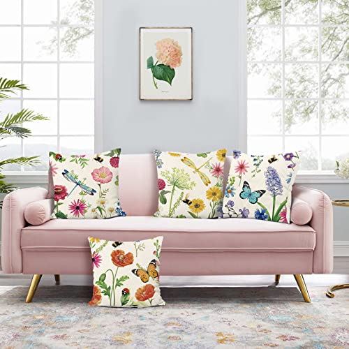 Bonhause Outdoor Floral Throw Pillow Covers 18x18 Set of 4 Spring Summer Wildflowers