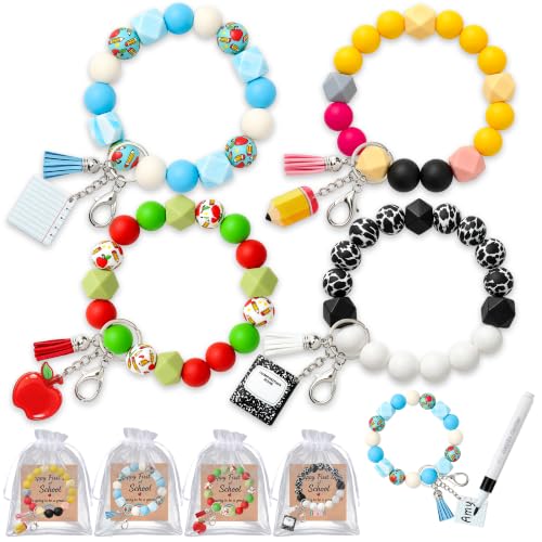 Back to School Bracelets with Keychains - 4 Pack Silicone Beaded Gift Set