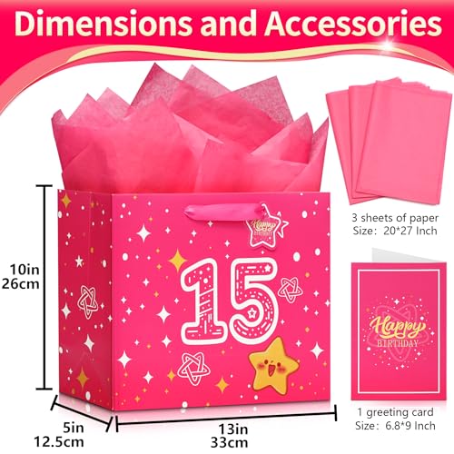15th Birthday Gift Bag Set - Pink Starry Sky Design, Medium Size