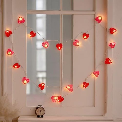[Timer] Valentines Day Garland Lights Red Pink Heart Light 10FT 20LED 3D Hollowed Rattan Heart String Light Battery Operated, Valentines Day Lights Romantic Valentine Decoration Bedroom Party