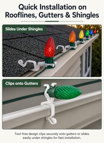 White Christmas Light Clips Pack of 100 for C7 C9 Lights Gutter & Shingle Mounting