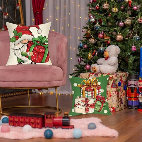 Christmas Pillow Covers Set of 4 - 18x18 Inch Santa & Snowman Decor