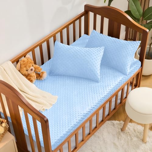 Minky Dot Fitted Crib Sheet - Baby Blue, 28x52 Inch, Soft & Cozy