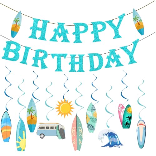 Glitter Blue Surf Birthday Party Decorations - 10 Surfboard Swirls