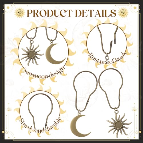 Sun and Moon Shower Curtain Hooks - 12 Pcs Boho Bronze Bathroom Decor