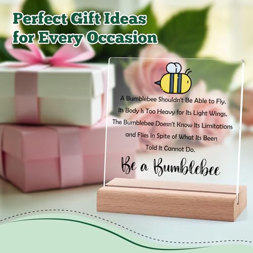 Inspirational Bee Acrylic Plaque with Wooden Stand - Positive Desk Decor Gift