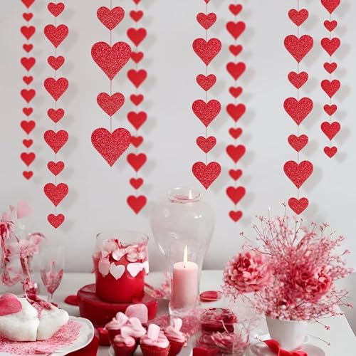 4-Pack Glitter Heart Garland - Valentine's Day Decorations