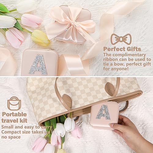 CHMI Travel Jewelry Case Small Leather Organizer Box with Mirror for Women Pink Initial