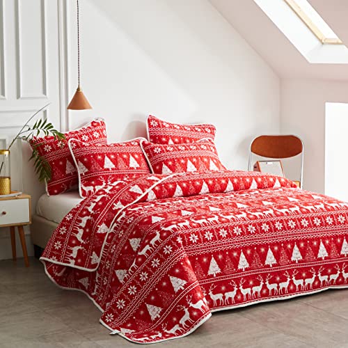 Christmas Quilt Set Twin Deer Snowflake Reversible Microfiber Bedspread - 68x86, 1 Quilt + Pillow Sham