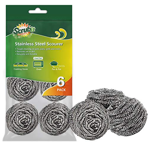SCRUBIT 6 Pack Stainless Steel Scourer Pads for Heavy Kitchen Cleaning
